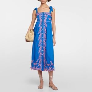 Juliet Dunn Embroidered Cotton Midi Dress Royal Blue/Neon Peach Size Large
